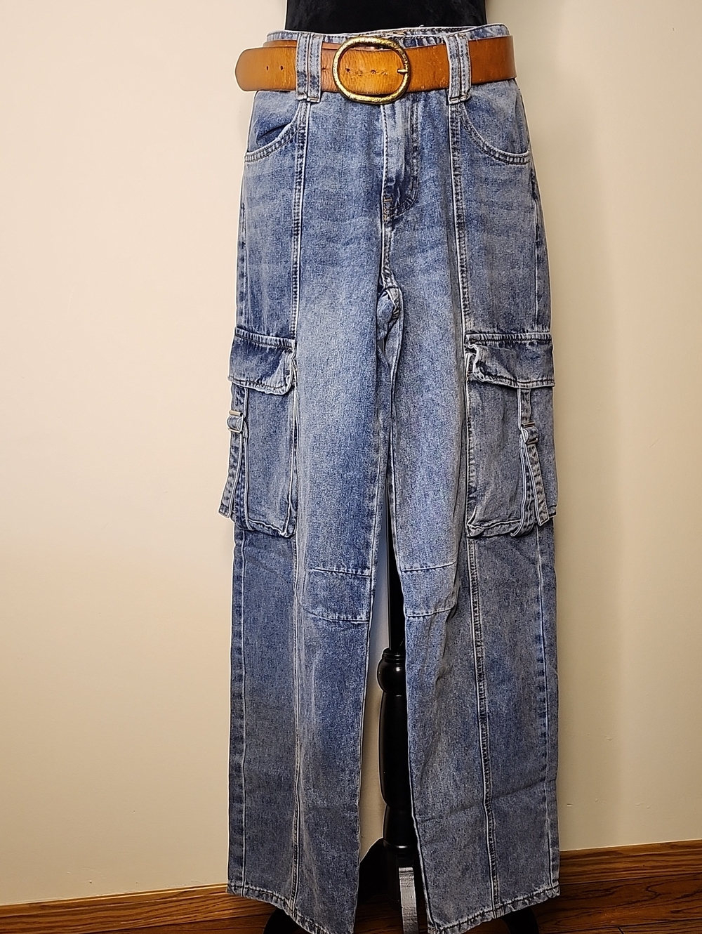 Wide Leg Cargo Jeans Boho Y2K Utility Denim Medium Wash Sz 25